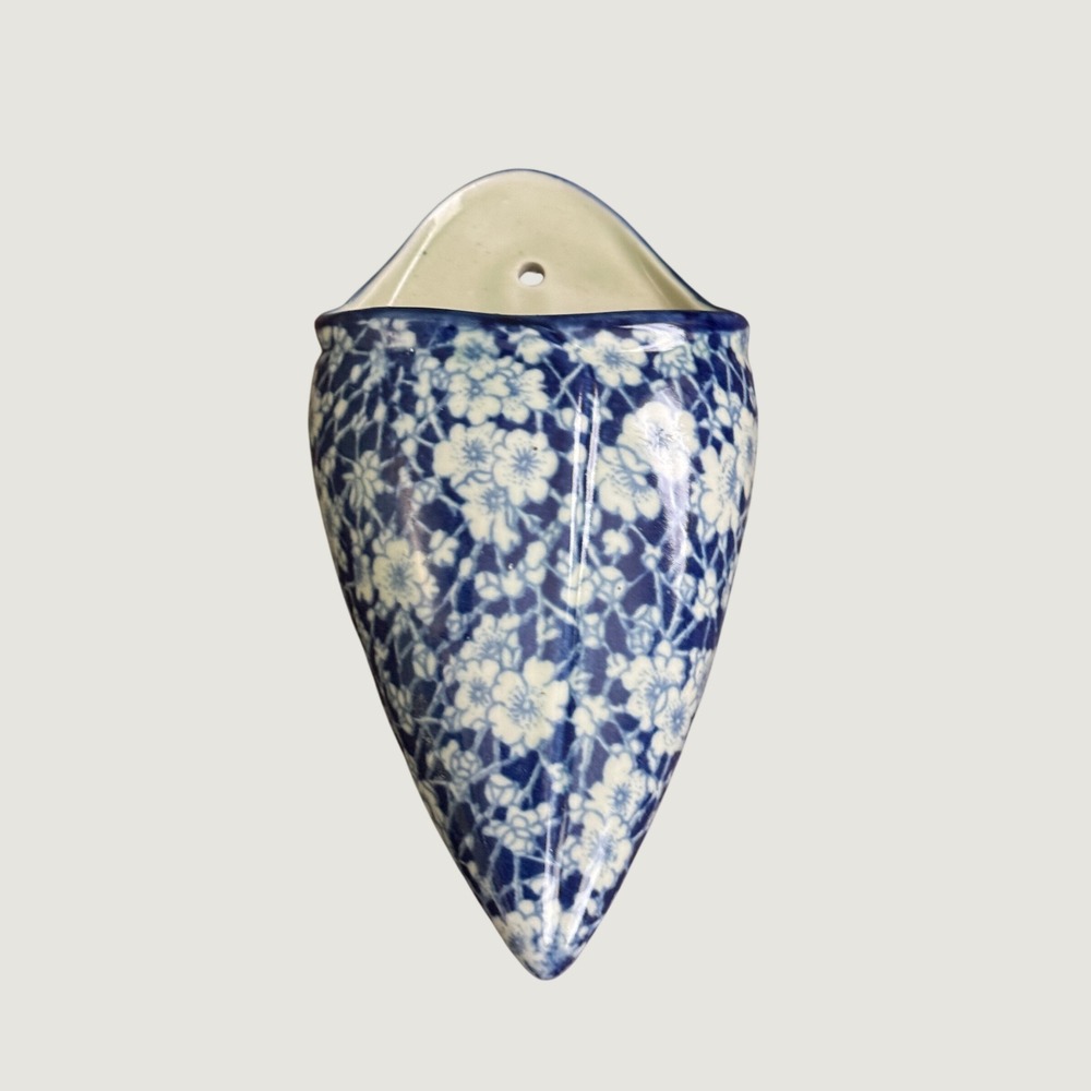 Vintage Blue White Calico Floral Ceramic Wall Pocket Vase Chintz Cone Planter